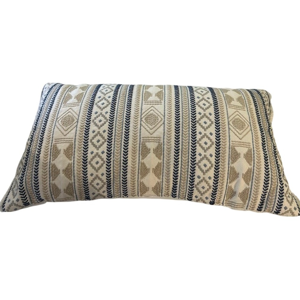 Embroidered Geometric Lumbar Pillow Navy Blue Tan Cream 27x14 Boho Accent